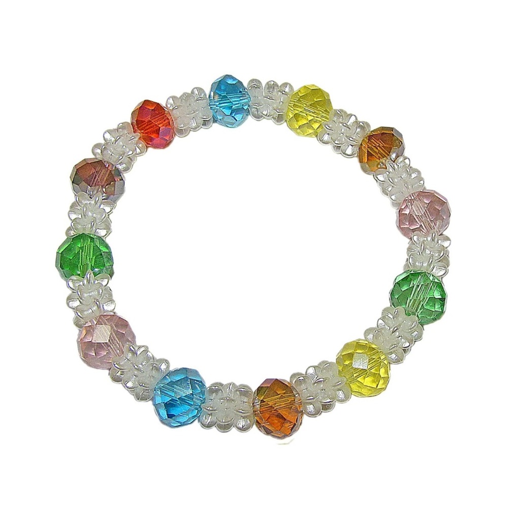 Multi Color Glass and White Faux Pearl Bead Stretch Bracelet  Colorful